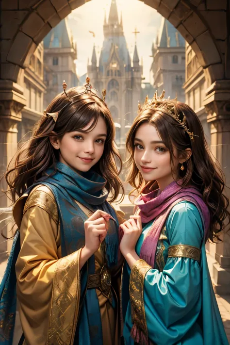 two girls, curious, fearless, smiling, wavy brown hair, dressed in colorful clothes and a magical scarf, next to the old fairy queen,