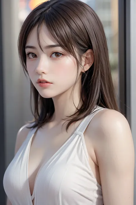 (high resolution, 4k, 8k, ultra-detailed:1.2), (hyper-realistic, photorealistic:1.37), (illustrated), (detailed lighting), (extremely delicate and beautiful), 1 young girl, brown hair, brown eyes, model, bare shoulders and chest, (best quality), ultra-deta...