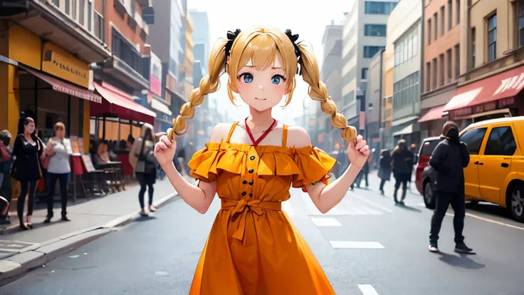 a woman posing on the street corner with orange dress on, best quality, 1girl, , day, bright, blur background, bokeh, outdoor, (street:0.8), (people, crowds:0.8), (off-shoulder dress:1.2), gorgeous, (braided bangs:1.2), beautiful detailed sky, (dynamic pos...