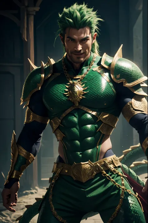 8K,A dragon man with a dragon body,super handsome,muscular scaly skin,super realistic skin,Snake-like eyes,green punk hair,gorgeous green armor,gorgeous green shoulder armor,gorgeous green pants,gorgeous green gauntlet,have a trident,gorgeous green waist a...