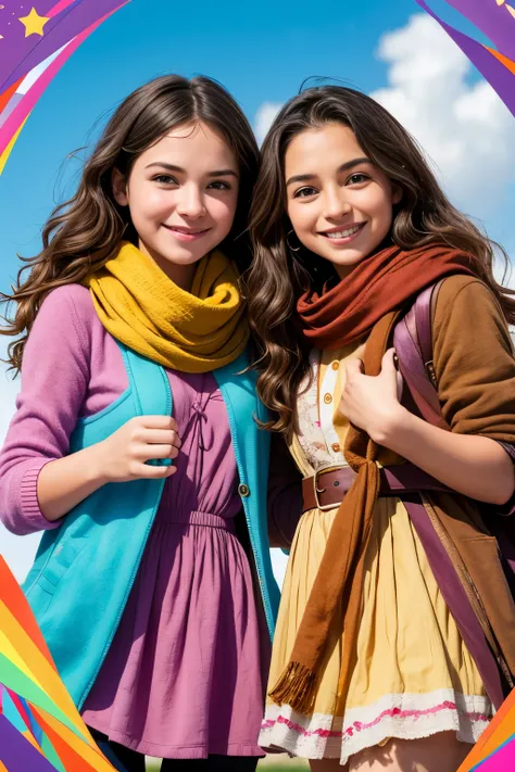 two girls, curious, fearless, smiling, wavy brown hair, dressed in colorful clothes and a magical scarf, next to the old fairy queen,