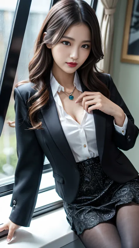 ltra-detailed、Japanese、attractive beauty、Dainty woman、piercing eyes、cool girl、wavy hair、suit、Jacket、blouse、Tight Skirt、black pantyhose、evil female executive、evil depravity、brainwash、lacy fabric、Glossy legs、lipstick、lip gloss、smirk、wickedな表情、evil、empty eyes...