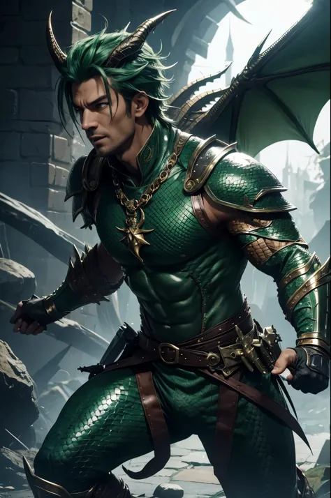 8K,A dragon man with a dragon body,super handsome,muscular scaly skin,super realistic skin,Snake-like eyes,green punk hair,gorgeous green armor,gorgeous green shoulder armor,gorgeous green pants,gorgeous green gauntlet,have a trident,gorgeous green waist a...