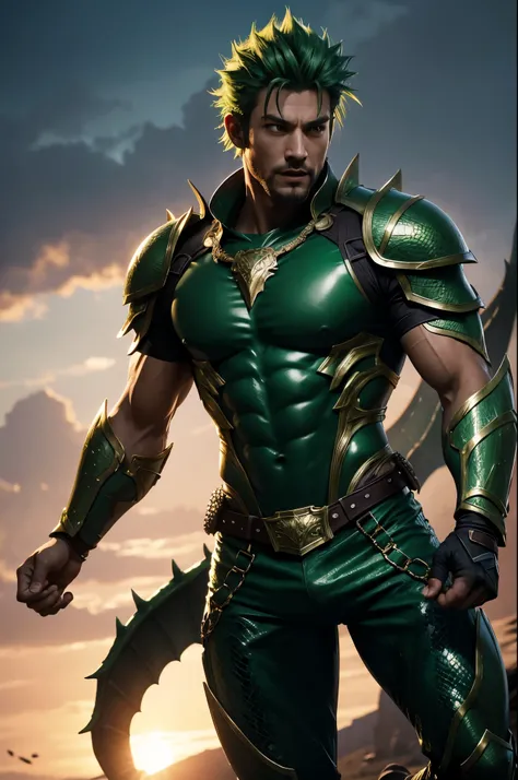 8K,A dragon man with a dragon body,super handsome,muscular scaly skin,super realistic skin,Snake-like eyes,green punk hair,gorgeous green armor,gorgeous green shoulder armor,gorgeous green pants,gorgeous green gauntlet,have a trident,gorgeous green waist a...