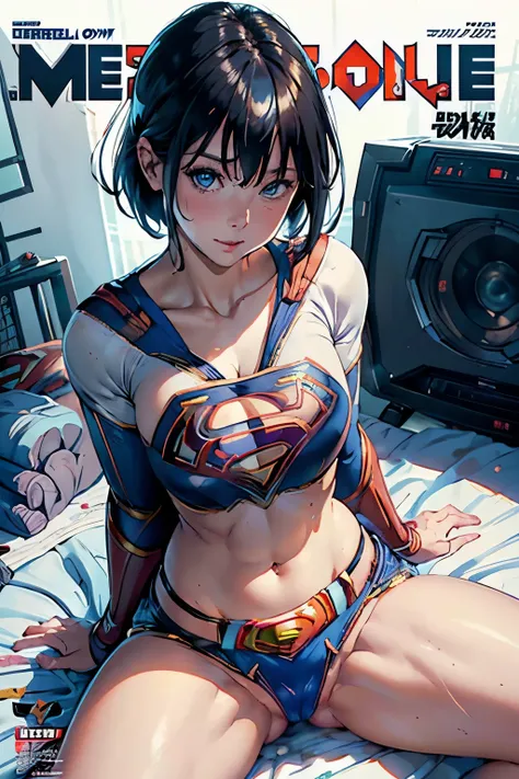 ("NSFW hardcore" NSFW magazine cover:1.5), (distorted artwork perspective: 1.1), ("ANIME"NSFW magazine cover:1.6) masterpiece, Highlights short black hair 30y Supergirl in erotic Night scene hardcore NSFW awarded official art (Supergirl undershirt obsessio...