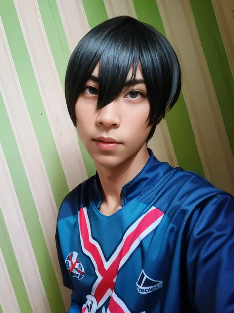 there  a young man with a black hair and a blue shirt, cosplayer, inspired by un'ichi hiratsuka, with short hair, as an anime ch...