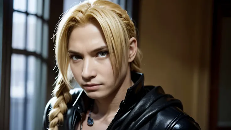 masterpiece, best quality, photorealistic, 1boy, solo, male focus, looking at viewer, upper body, , ligne claire, , edward_elric, blonde hair, yellow eyes, braid, single braid, braided ponytail,