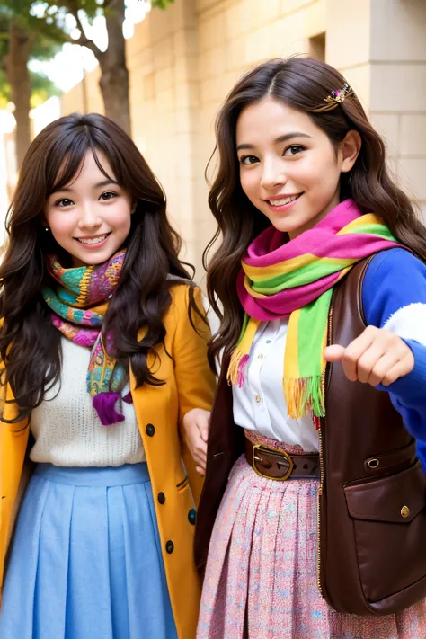 two girls, curious, fearless, smiling, wavy brown hair, dressed in colorful clothes and a magical scarf, next to the old fairy queen,