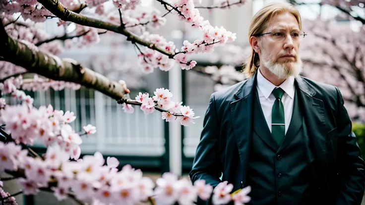 realistic, 1boy, van hohenheim, upper body, yellow eyes, deep green necktie, blue vest, long coat, Spring, Cherry blossom trees, pink petals, gentle breeze, city walk.