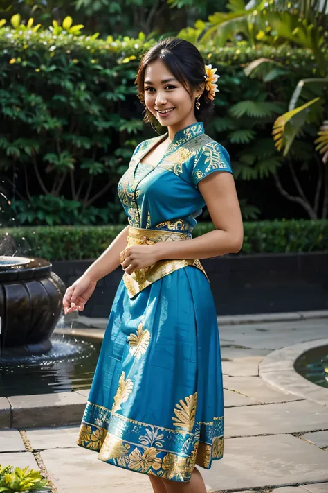 wide round face hawaiian woman, short nose, smiling, wearing blue kebaya, gold dress, batik long skirt, dancing on a garden, fountain, flowers