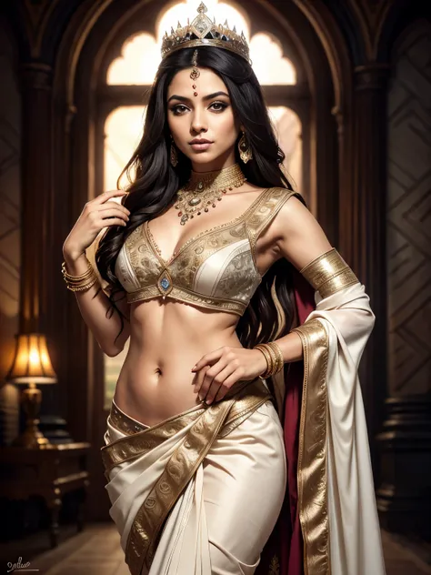 portrait, a beautiful indian queen, classic, ultra detailed body, ultra detailed face, long pony hair, palace lake, white saree,...