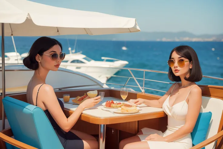 1960s French Riviera Yacht Luncheon (Location: Nice):
Character: A young woman in her twenties with sleek black hair, wearing a sophisticated swimsuit and oversized sunglasses.
Setting: A luxurious yacht anchored in Nice, where she enjoys a solo luncheon. ...