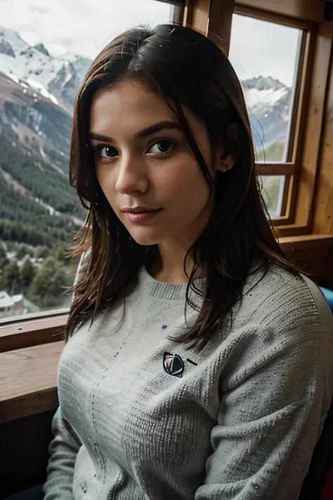 (8 Tausend, Rohfoto, highest quality), beautiful girl, snow, on top of mountain, inside restaurant, selfie, wide lens, hiking (Detaillierte Augen:0.8), Trotz512, (highest quality), (bester Schatten), Komplizierte Details, Innere, rote Haare:1.3