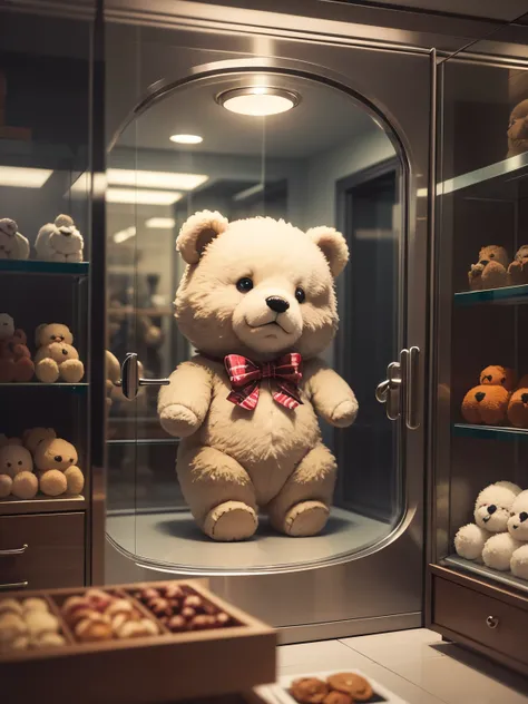 Window display design。Several teddy bears inside a huge glass display window。Exquisite teddy bear。 Pixar 8k Ultra HD 。