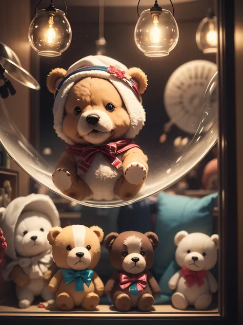 Several teddy bear toys in a glass display window。Exquisite teddy bear。 Pixar 8k Ultra HD 。