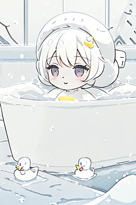 (Bathroom filled with steam),(Translucent shower cap:1.2),(Bathtub full of foam:1.4),blush,Chibi,cute,girl,happy look,(Taking a bath:1.3),(lots of large water droplets:1.3),(protruding breasts:1.3),(big breasts:1.25),(NSFW:1.0),(Nude body covered in bubble...