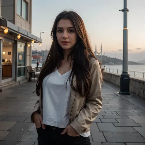 Woman standing on a city sidewalk, facing the sea in Istanbul. Capture a Fallout-style atmosphere with the city center in the background, resembling Istanbul. However, ensure that it doesnt directly depict Istanbul but evokes its essence. Ensure the highes...