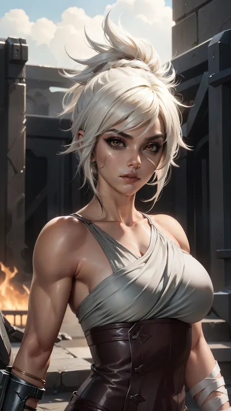 (masterpiece:1.2), best quality, riven \(league of legends\), 1girl, sarashi, muscular female, abs, white hair, black eyeshadow,...