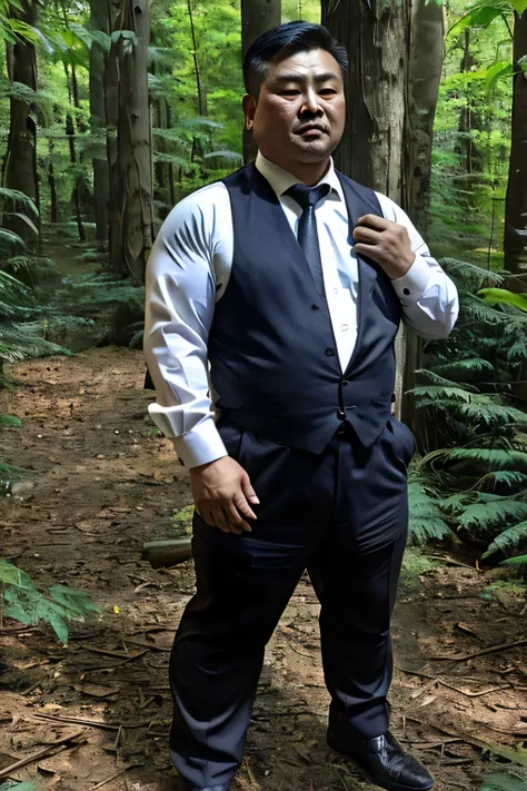 Wear black tie, Fat Chinese mature middle-aged man with security guard，fighting in the forest，shoulder support