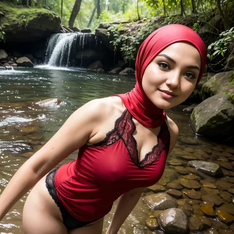 (Red Dark Hijab) Siti Nurhaliza 40-Years-Old, (lace TANK top at river)