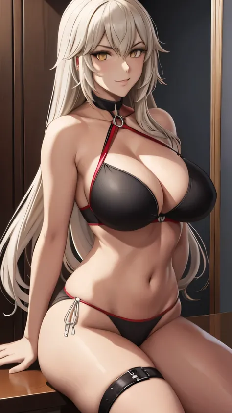 summer_jalter, yellow_eyes, long hair, mature,   single thighhigh, white hair, thigh strap,  bikini, 1girl, solo, closeup