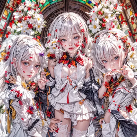 (White and Red, Acutance:0.8), Masterpiece, (physically-based rendering with ultra-detailed, (realistic and (photorealistic:1.37) with touch of rawness)). A group of KAWAII girls in opened school uniform without brassiere . ((extremely detailed KAWAII face...