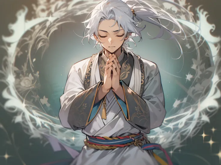 1, (()), eyes closed, grey hair, indian dress, praying, ((light energy aura)), ((man)), (()), 30 years old, anime ,young man