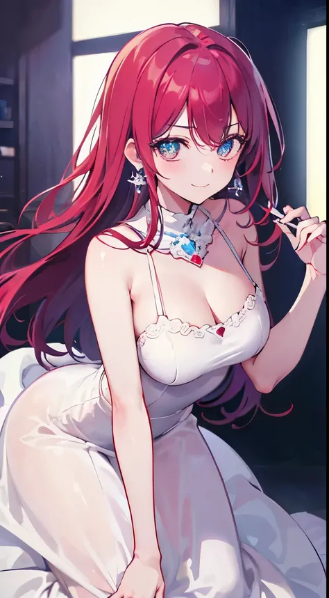 ((beautiful elegant girl)), light blue big eyes,  1 petite and slender woman,  ((red hair long lady hair,)),In 8K, top quality, (highly detailed head: 1.0), (very detailed face: 1.0), (highly detailed hair: 1.0),((elegant white princess dress)、yellow gem e...