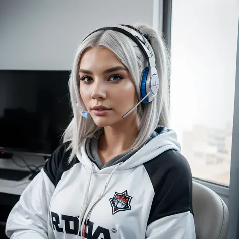 Hyperrealistic shot of Emily Sears with white hair, Gamer-Girl mit Headset, large sweatshirt.