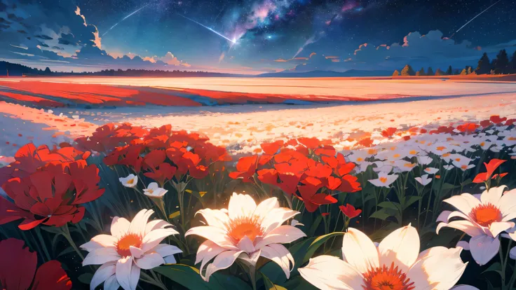 dusk，Sky，universe，flower field，Sea of flowerireworks，Natural light，quiet afternoon，red and white flowerlowers，Various flowers，starry sky ，Sky，clouds 