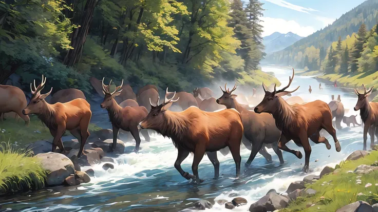 ((masterpiece)), best quality, (8k, best quality, masterpiece: 1.2), ultra-detailed, a herd of elk walking along a river in a mountain valley.