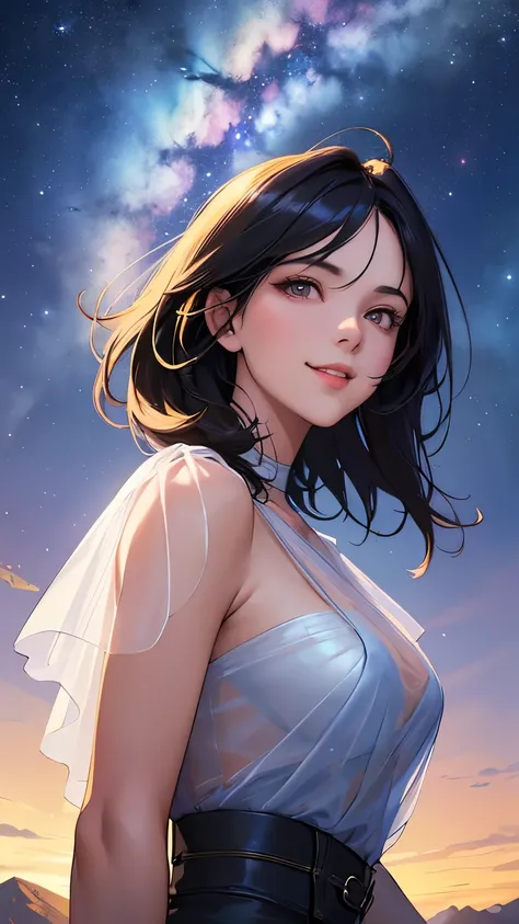 (masterpiece), (best quality), 1girl, (perfect face:1.2), (beautiful face:1.2), black hair, (from below, upper body:1.3), happy, light smile, looking at viewer, pose, see-through, outdooridnight, night sky, milky way), intricate, depth of field, cinematic ...