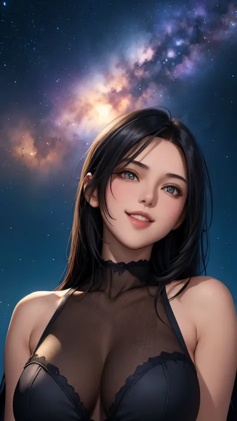 (masterpiece), (best quality), 1girl, (perfect face:1.2), (beautiful face:1.2), black hair, (from below, upper body:1.3), happy, light smile, looking at viewer, pose, see-through, outdooridnight, night sky, milky way), intricate, depth of field, cinematic ...