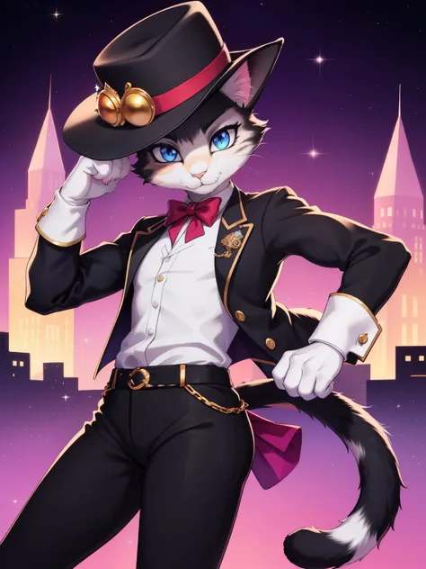 a cat striking the iconic Michael Jackson pose, with one hand on the hat, against a vibrant and captivating backdrop that accentuates the colors and sparkle of the crystal. The cat should exude confidence and charisma, with a graceful and captivating prese...