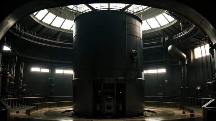 a large mechanical cylindrical capsule with a glass, in a military laboratory, eerie atmosphere, dunstige Umgebung