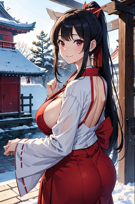 ８K、best quality、Winter shrine、solo、beautiful girl、delicate face、smile、ponytail、black hair、red eyes、huge boobs:1.8、big ass:5.5、thin waist、beautiful waist、shiny skin、tie your hair with a red ribbon、Miko costume、red hakama、Neat and clean clothes、
