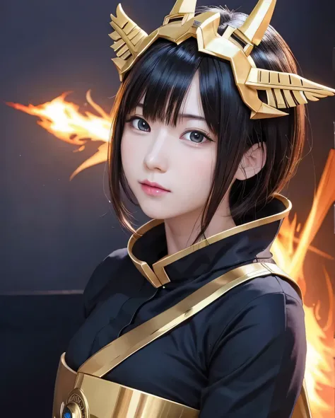 anime figures，dark villain，beautiful profile，flowing long hair，（golden headdress），teenage girl，（ Helmet）sparks burn the ashes，the samurai had a sword, wear contrasting armor, Overall image of the witch and the witch&#39;s skeleton,（whole body standing），（（v...