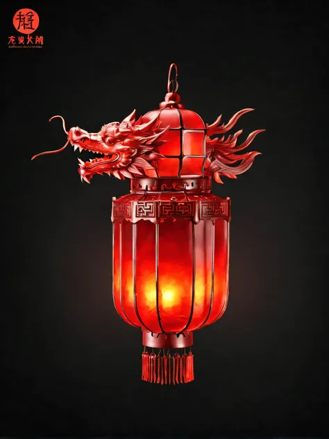 （product design），（Close-up of red lantern in the shape of Chinese dragon head），candlelight，background：black，3D， cutting