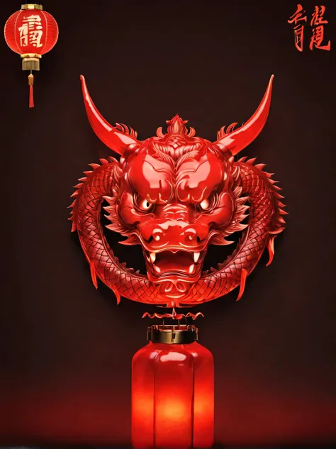 （product design），（Close-up of red lantern in the shape of Chinese dragon head），candlelight，background：black，3D， cutting