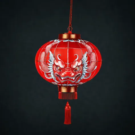 （product design），（Close-up of red lantern in the shape of Chinese dragon head），background：black，3D， cutting