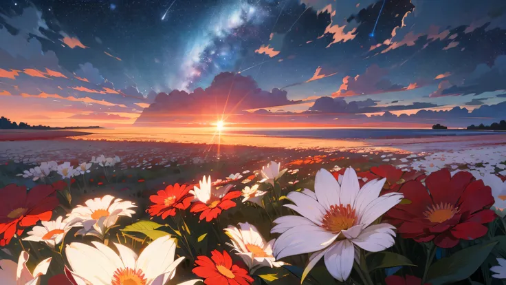 dusk，Sky，universe，flower field，Sea of flowerireworks，Natural light，quiet afternoon，red and white flowerlowers，Various flowers，starry sky ，Sky，clouds 