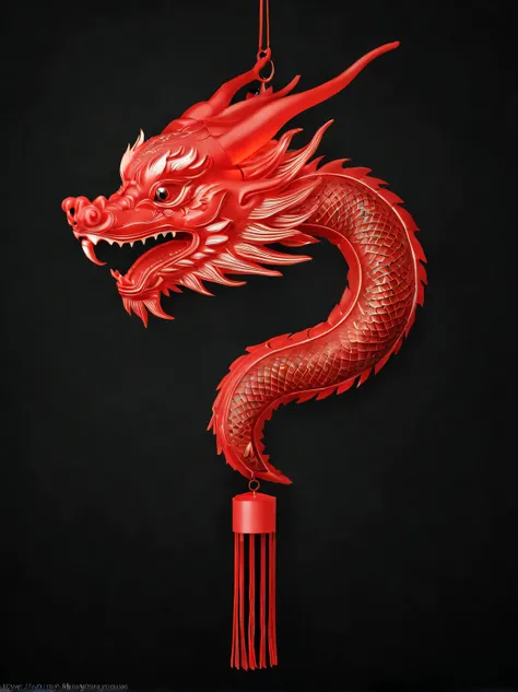 （product design），（Close-up of red lantern in the shape of Chinese dragon head），internally luminouackground：black，3D， cutting，in style of Hayv Kahraman