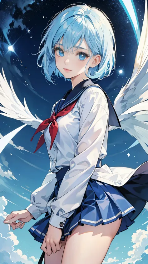 best image quality、highest quality、8K、Upper body、school uniform、thighs、long sleeve、light blue hair、bob hair、blue eyes、starry sky、beautiful eyes