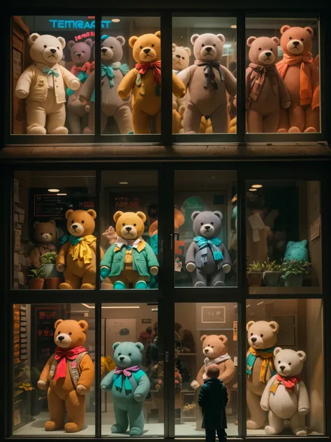 interesting window display，creative window display，display of several exquisite teddy bear dolls。global illumination。particle tr...