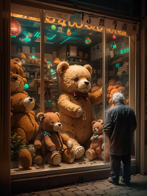 interesting window display，creative window display，display of several exquisite teddy bear dolls。global illumination。particle tr...