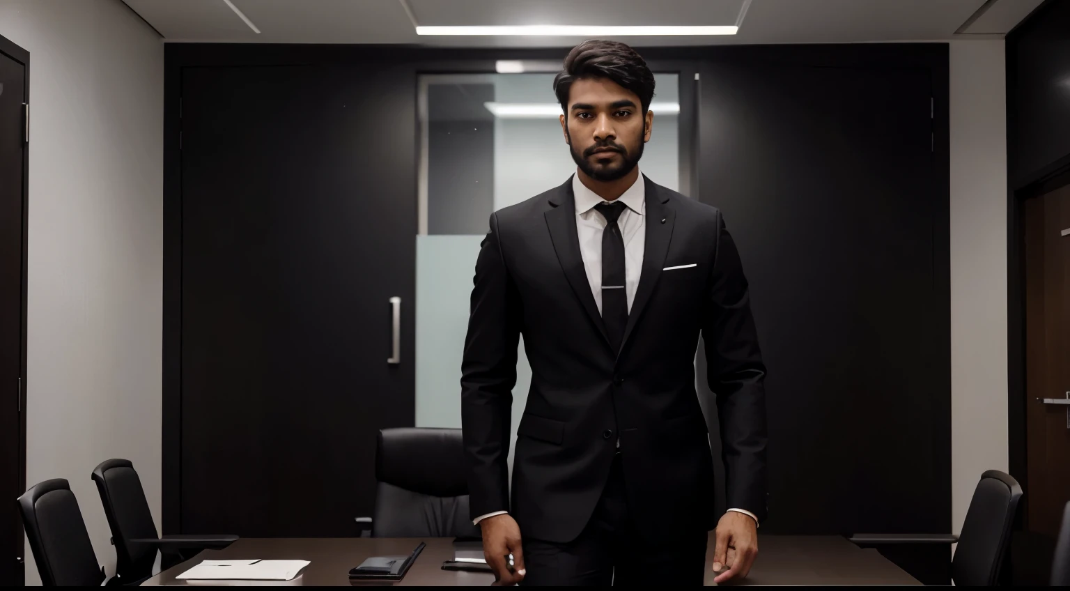 an indian guy with light beard, black suit, in a conference room, giving a presentation, full body view, men in black, high quality, confident, detailed face