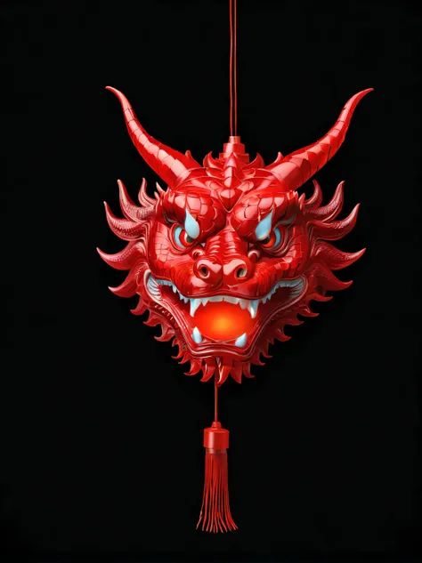 （product design），（Close-up of red lantern in the shape of Chinese dragon head），glow，background：black，3D， cutting