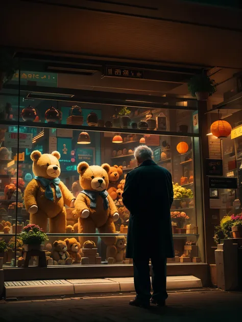 Interesting window display，Creative window display，Display of several exquisite teddy bear dolls。global illumination。particle tracking。neon lights，Colorful。8k ultra high definition 。（The old man looks into the window。old man&#39;s back。）