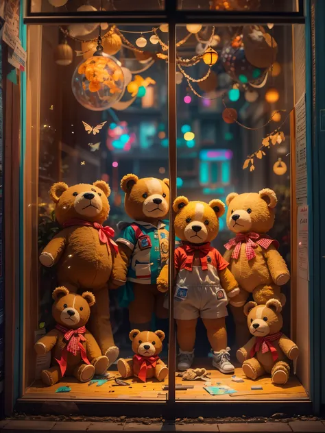 interesting window display，creative window display，display of several exquisite teddy bear dolls。global illumination。particle tr...