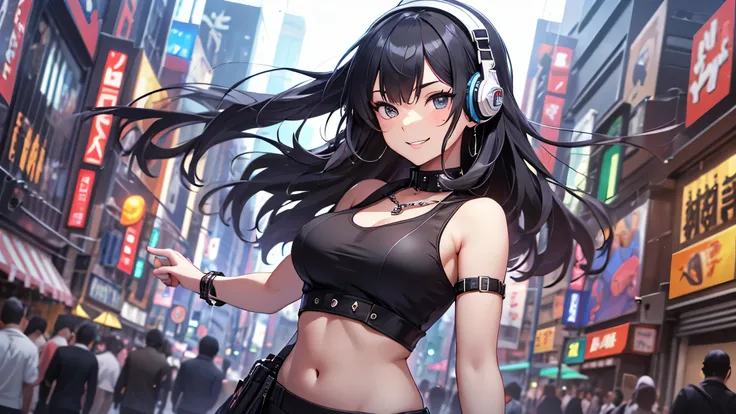 最high quality、best image quality、masterpiece、teenage girl((18-year-old、 by becoming、vest bust、medium bust,wide open breast tea、black eye, black hair、long hair、thin,highest valley、cute makeup、black short skirt、Red spats、fluttering hair、white navel tank top、...